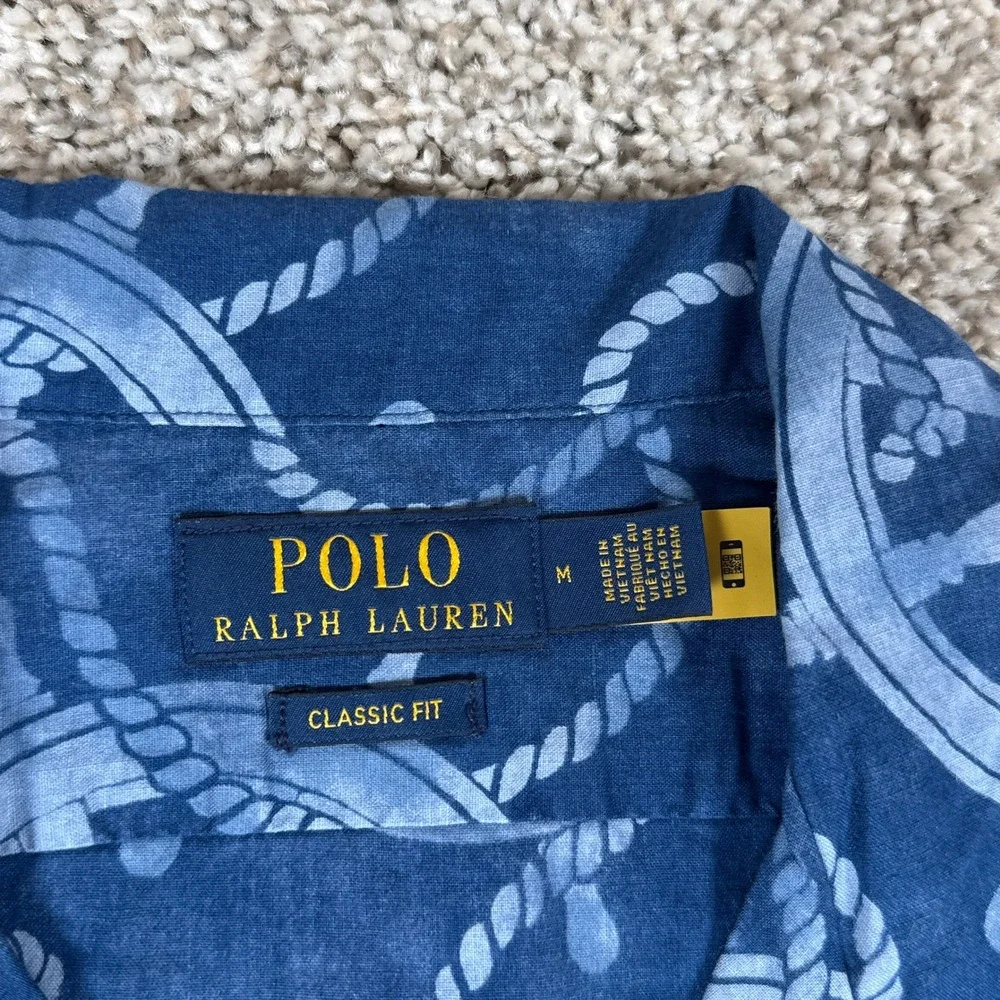 Polo Ralph Lauren Shirt Mens M Blue Ship Wheel Rope Linen Nautical Button Down